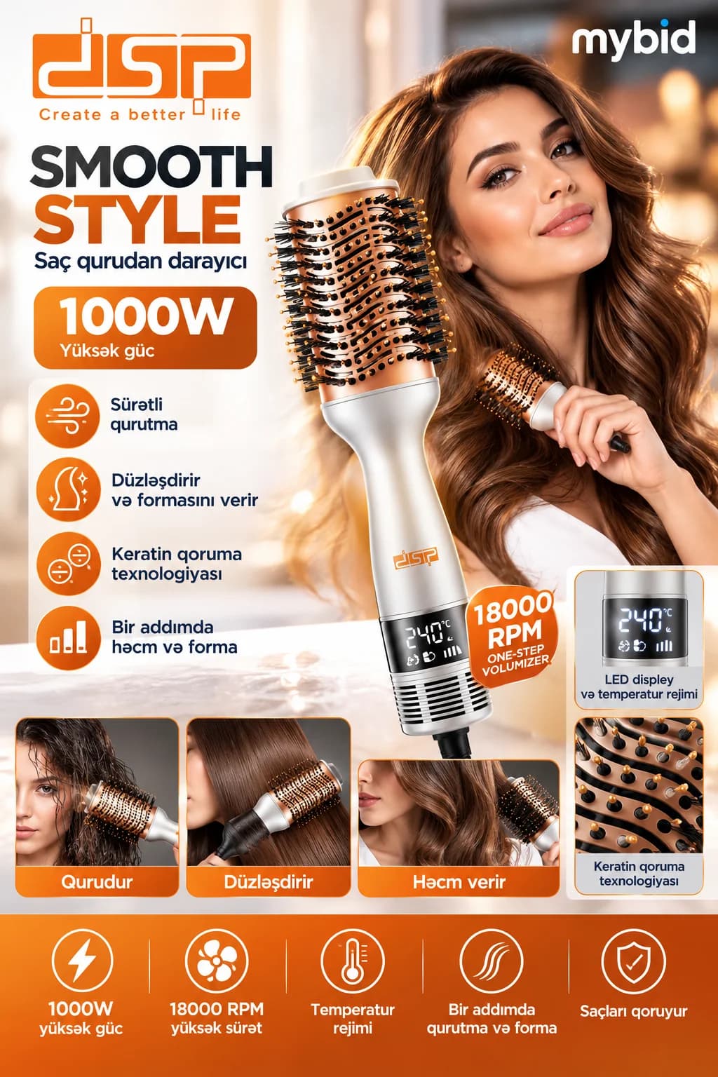 DSP Smooth Style 1000W Saç Qurudan və Forma Verən Fırça