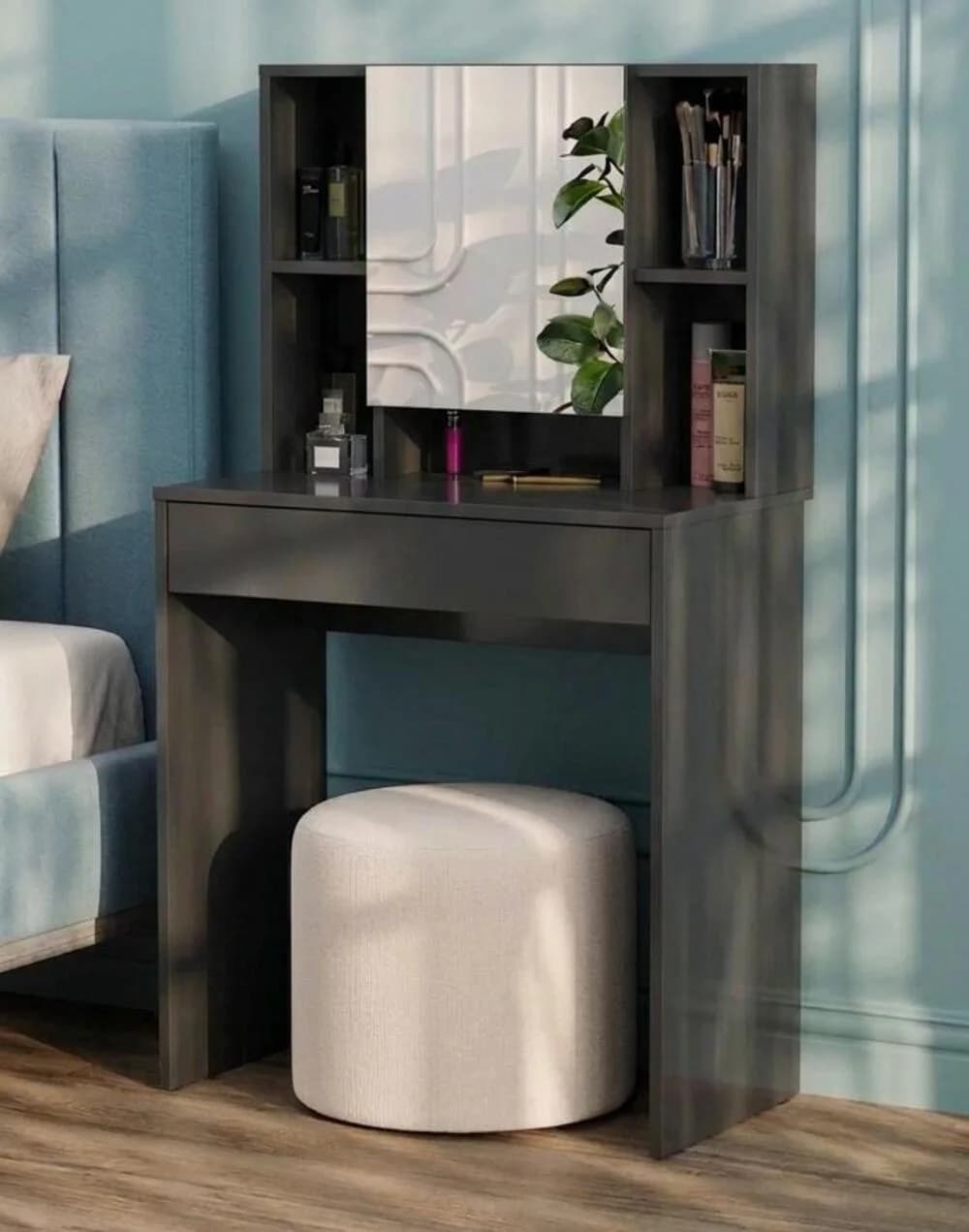 Makiyaj masası güzgülü MB7, laminat, antrasit, 130x70x35 sm
