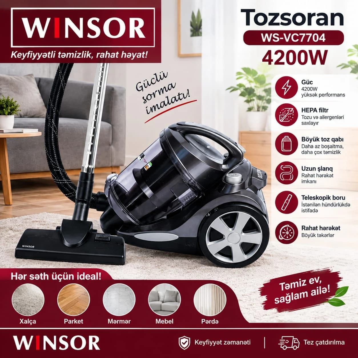 WINSOR WS-VC7704 Torbasız Tozsoran 4200 W, HEPA Filtrli