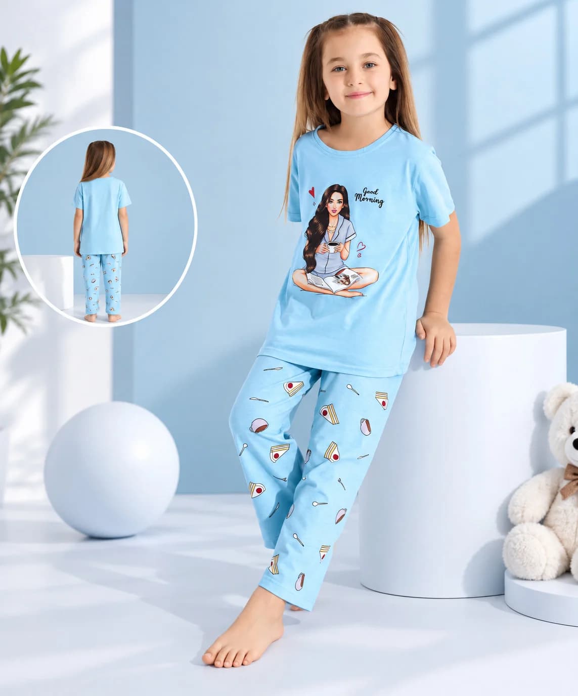 Şalvarlı pijama dəsti qızlar üçün C0255, mavi, pambıq, ölçü 4-5 yaş