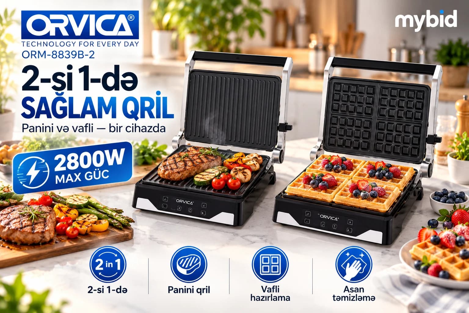 ORVICA ORM-8839B-2 – 2-si 1-də Qril və Vafli Aparatı, 2800 W