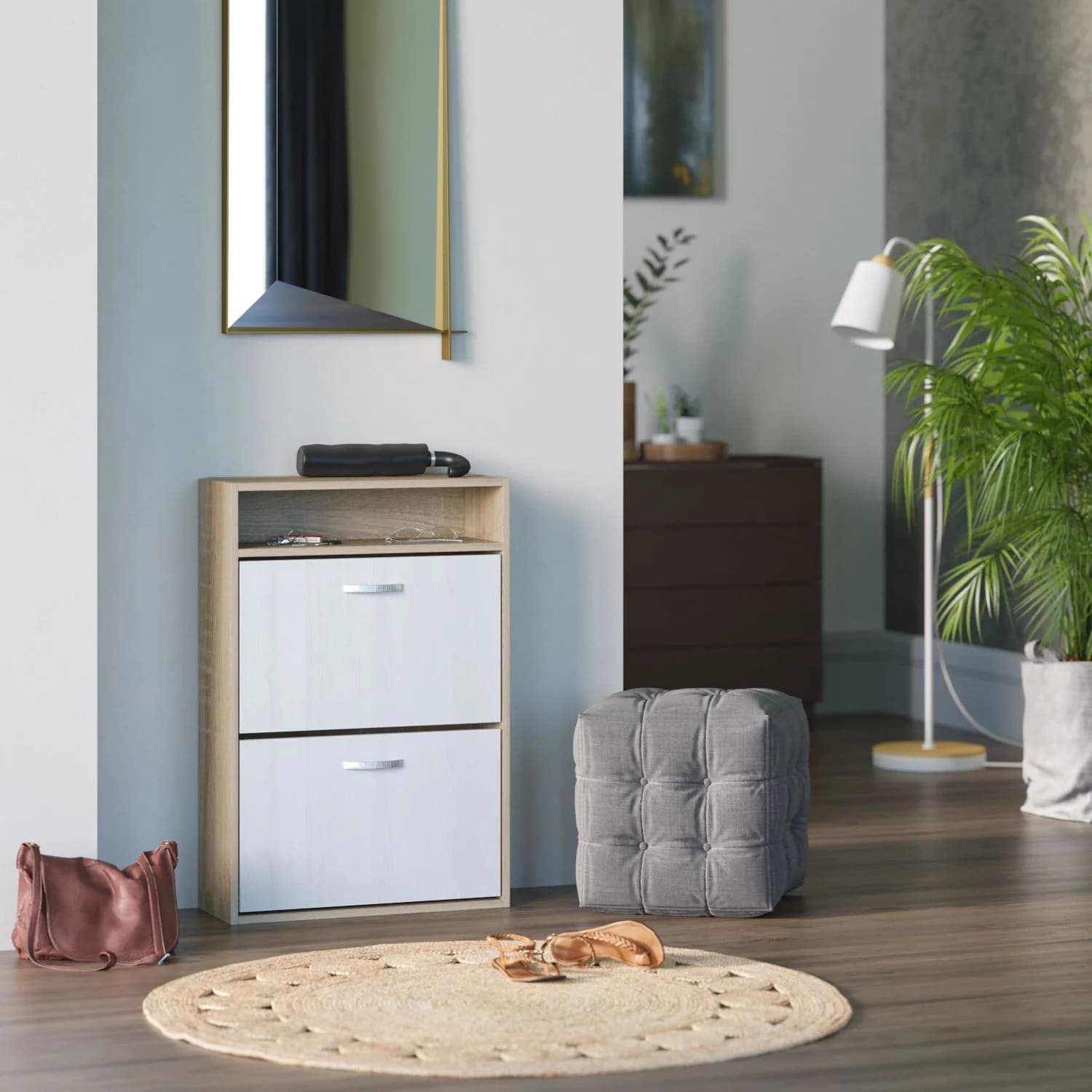 Ayaqqabı tumbası 15457, laminat, ağ/qəhvəyi, 60x89 sm