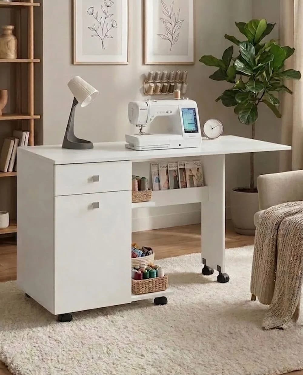 Tikiş masası MB2, laminat, ağ, 127.5x75x45 sm