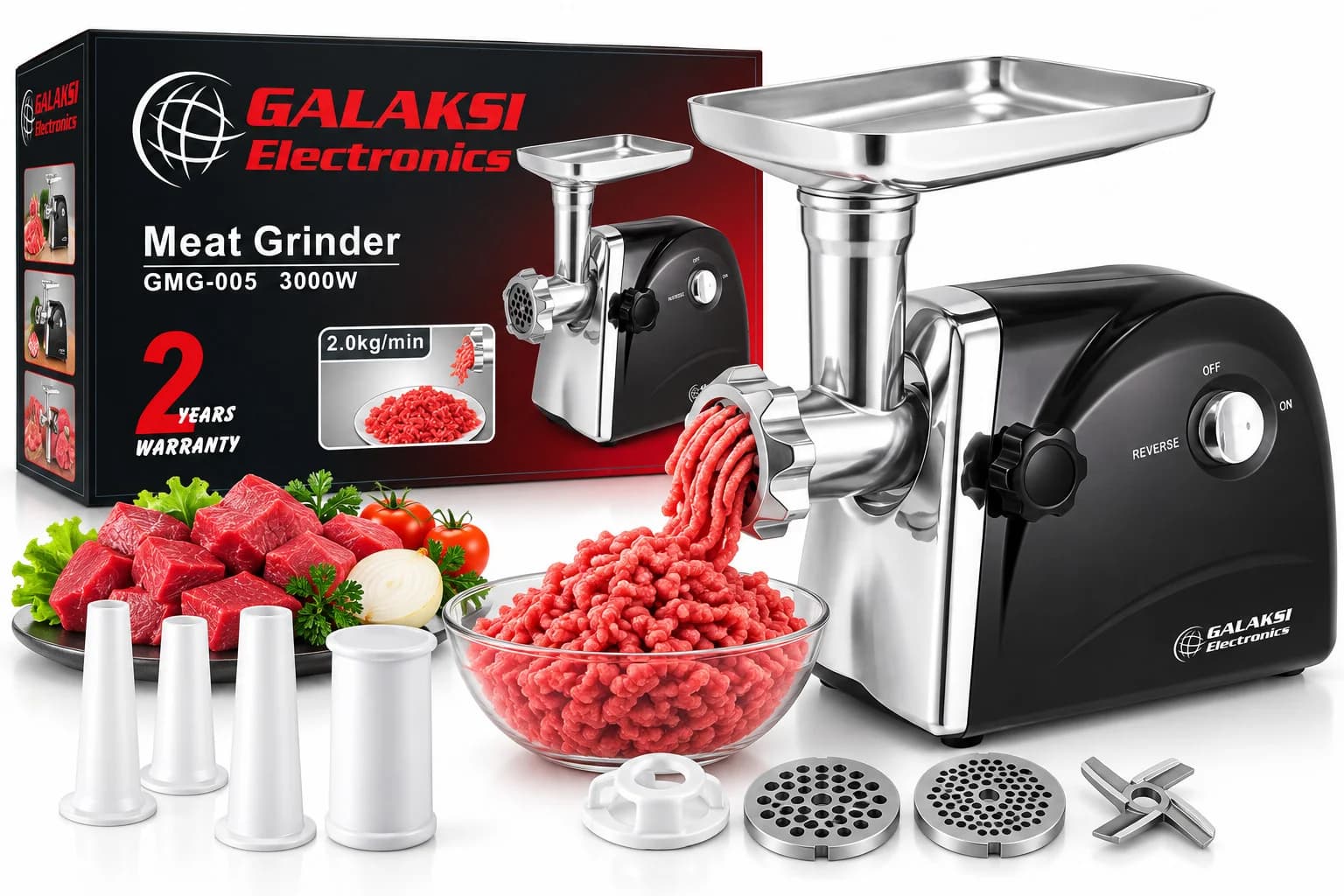Ətçəkən maşın, 3000 Vt, 2 kq/dəq, Qiymə üçün disk, Qara