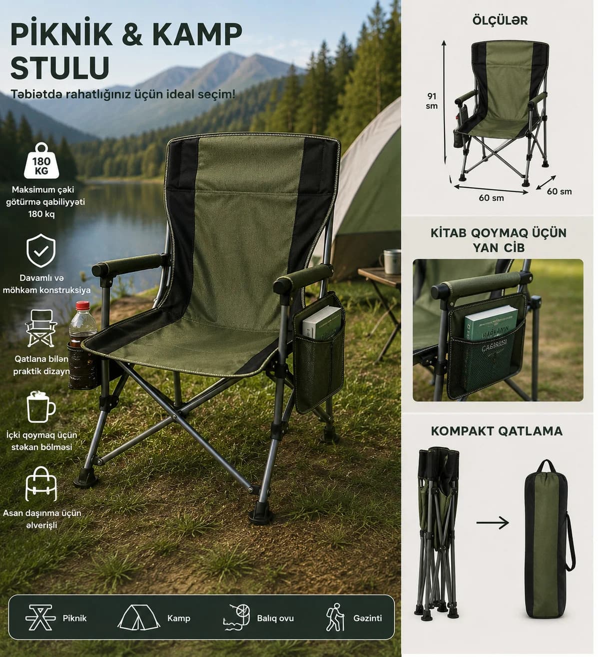 Kempinq üçün qatlanan stul 36016265, 91x60x60 sm, yaşıl — şəkil 2