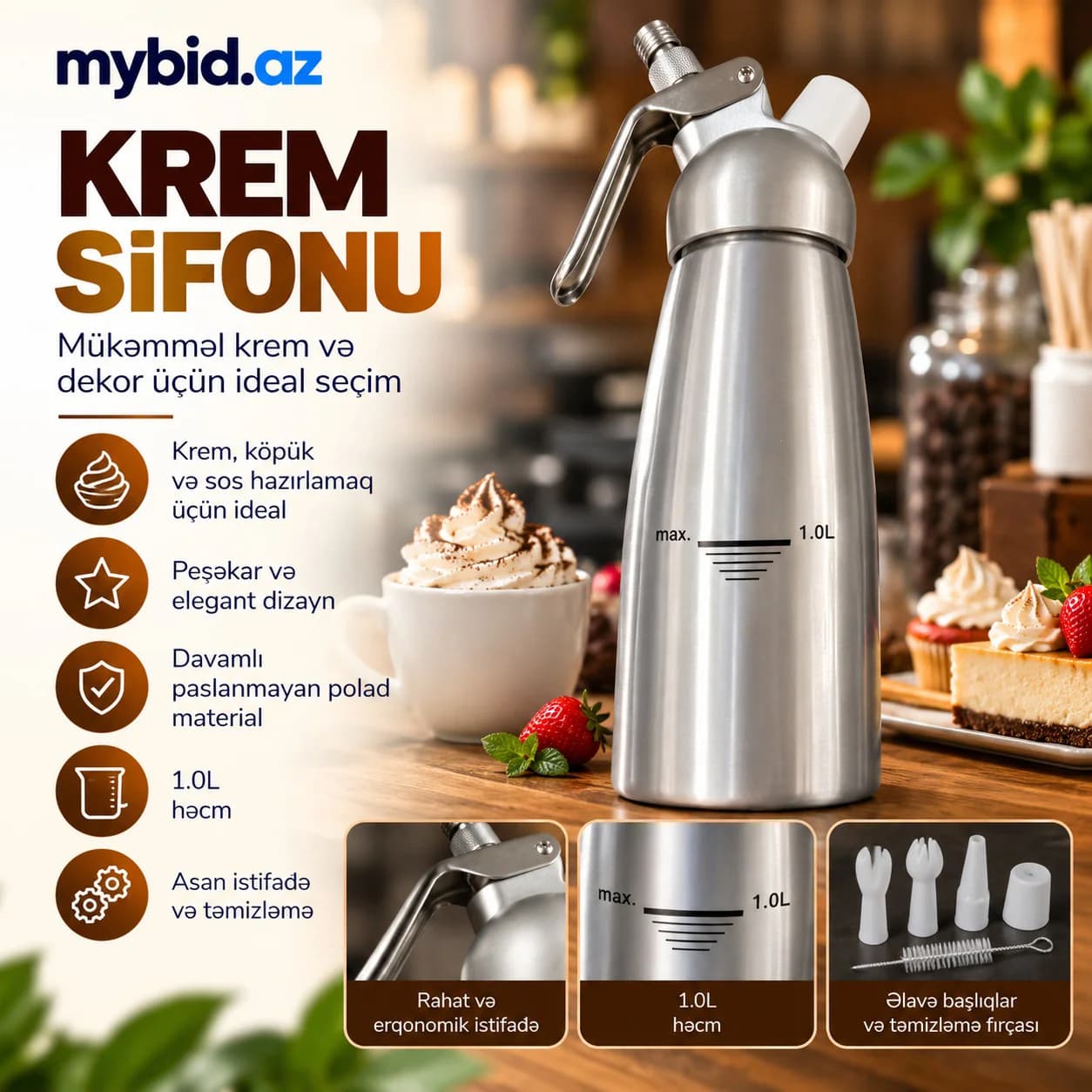Krem Sifonu 1L – Whipped Cream Dispenser, Paslanmayan Polad