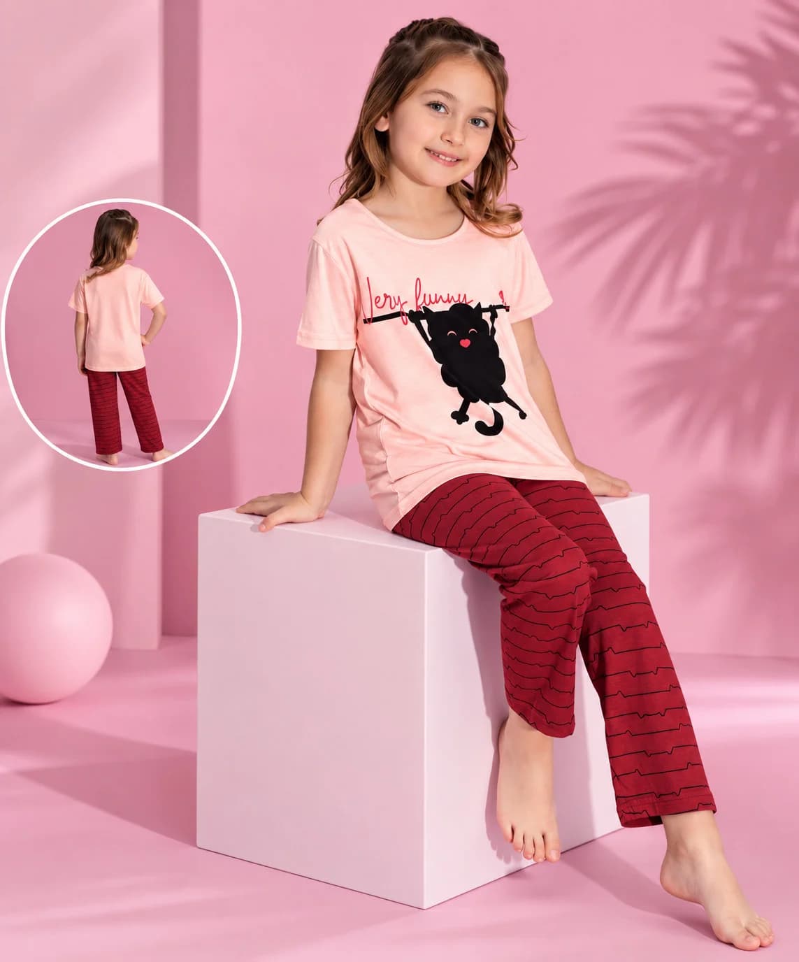 Şalvarlı pijama dəsti qızlar üçün C4064, çəhrayı/tünd qırmızı, pambıq, ölçü 4-5 yaş