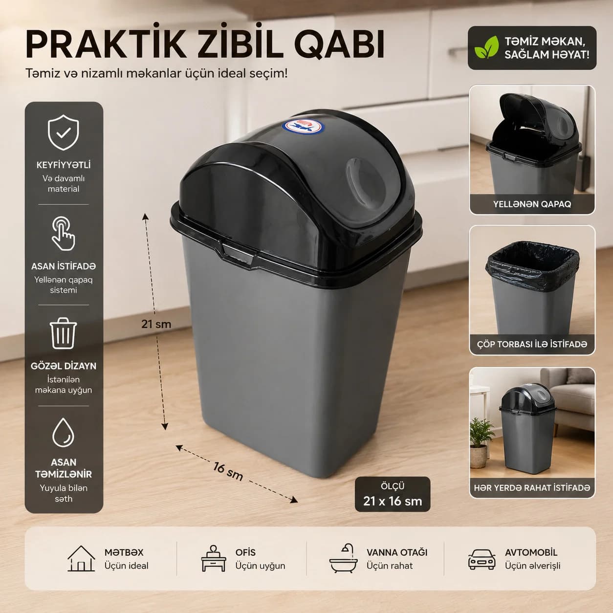 Zibil vedrəsi 5 l ev üçün ofis üçün plastik