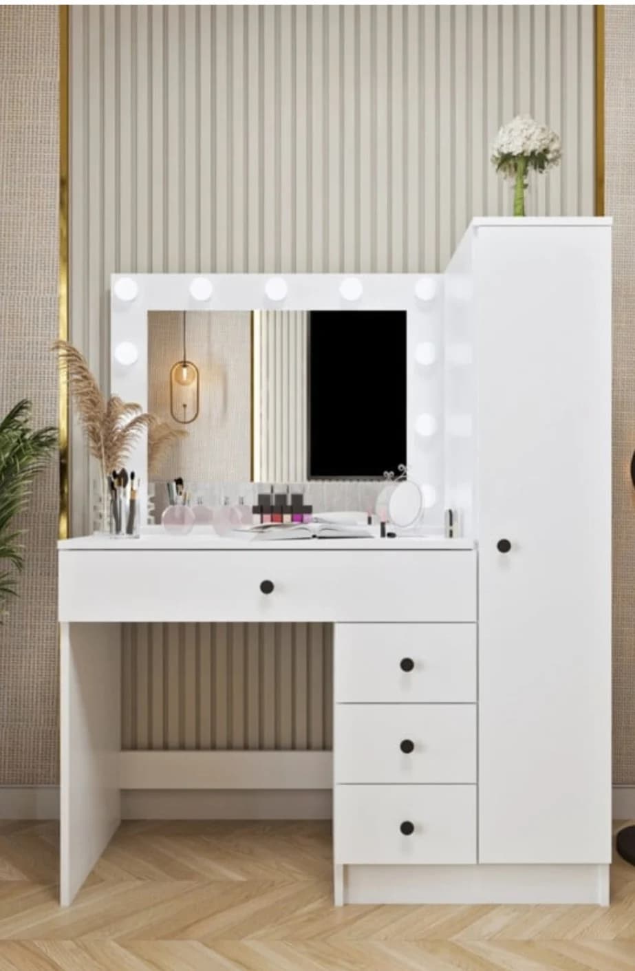Makiyaj masası SO0020, laminat, 150x120x45 sm, ağ