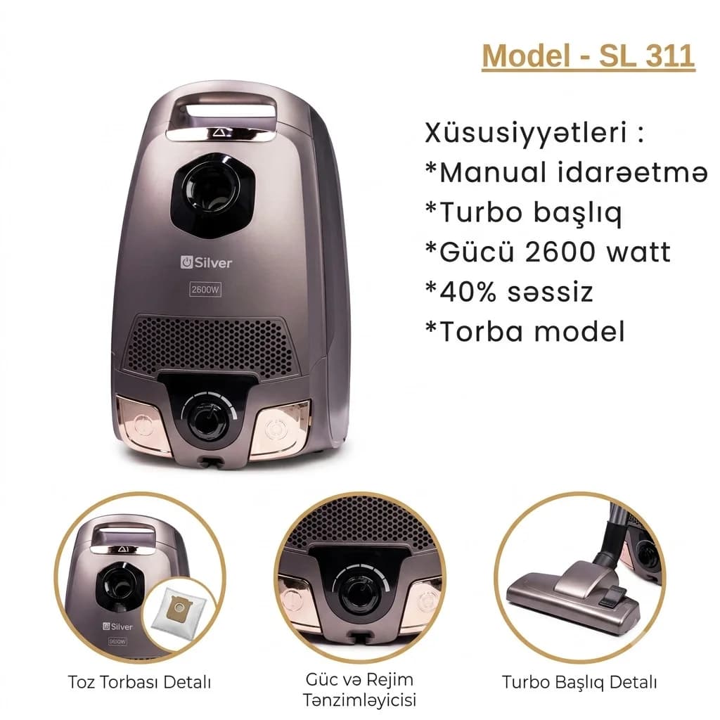 Tozsoran Silver SL 311, 2600 W, quru təmizləmə üçün, toz torbası, 1.5 l.