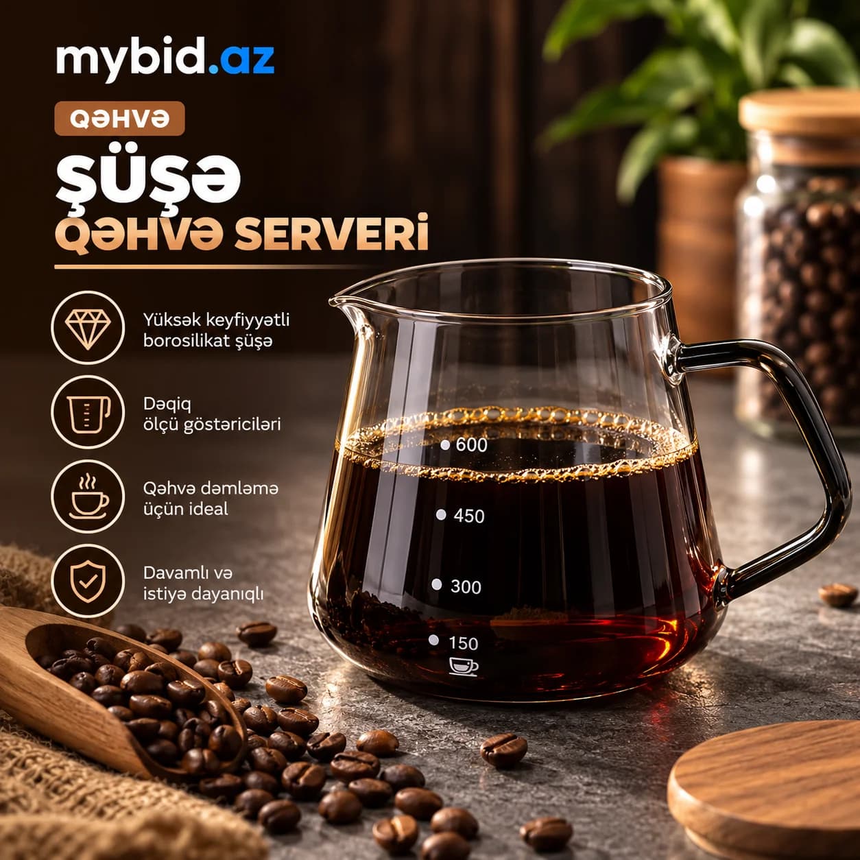 Ölçü Xətli Tünd Şüşə Qəhvə Serveri (Carafe) – 600 ml