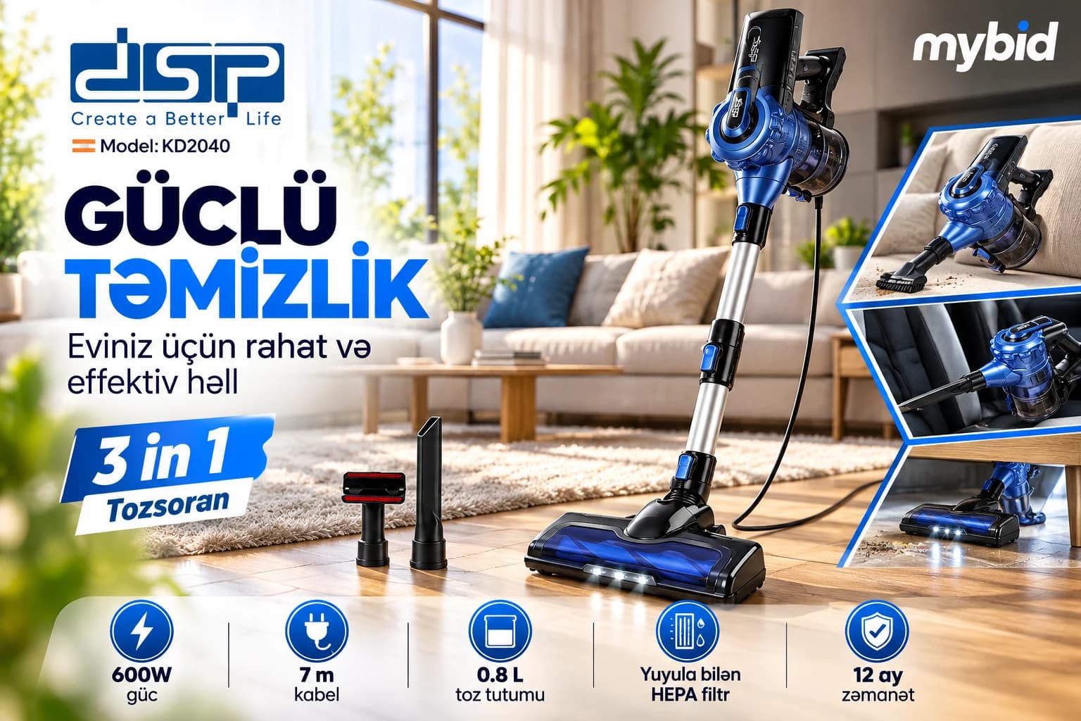 DSP KD2040 3-ü 1-də Tozsoran – 600 W, HEPA Filtr