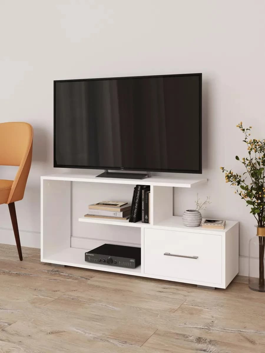 TV üçün tumba Yagmur, laminat, ağ, 105x28x50.1 sm
