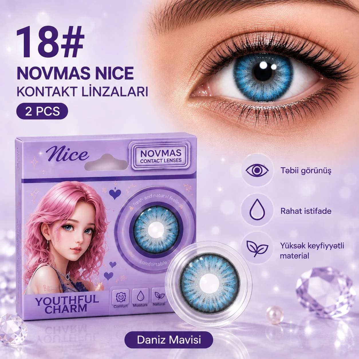 Rəngli linza Novmas Nice №18, Hidrogel, SPH 0.00