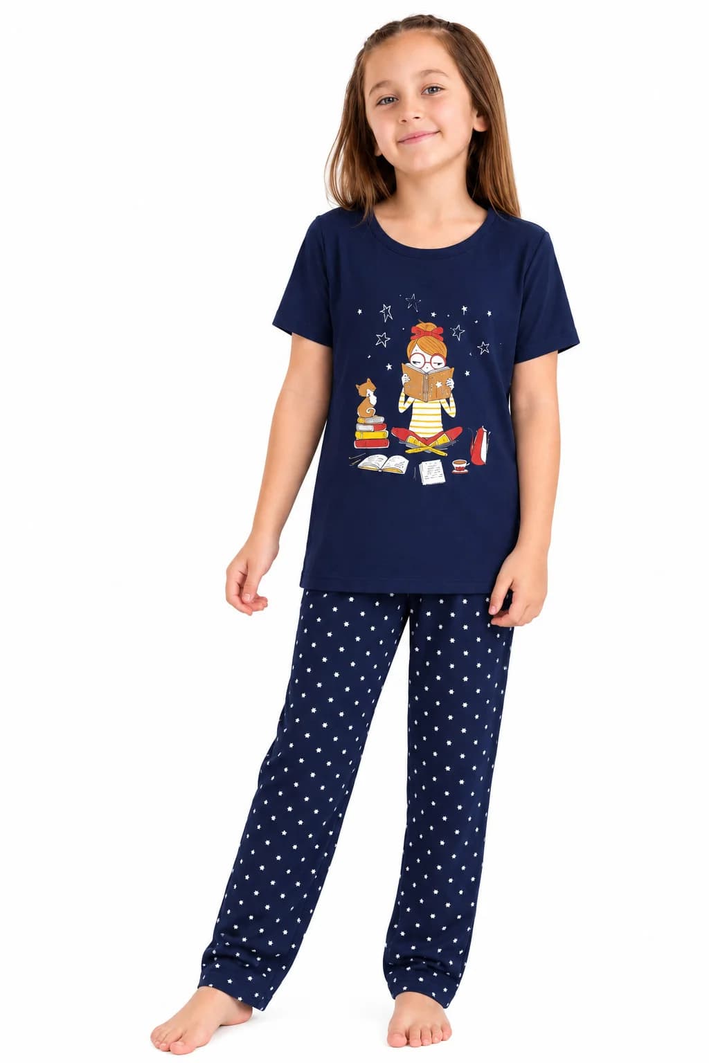 Şalvarlı pijama dəsti qızlar üçün 02116, tünd göy, pambıq, ölçü 4-5 yaş
