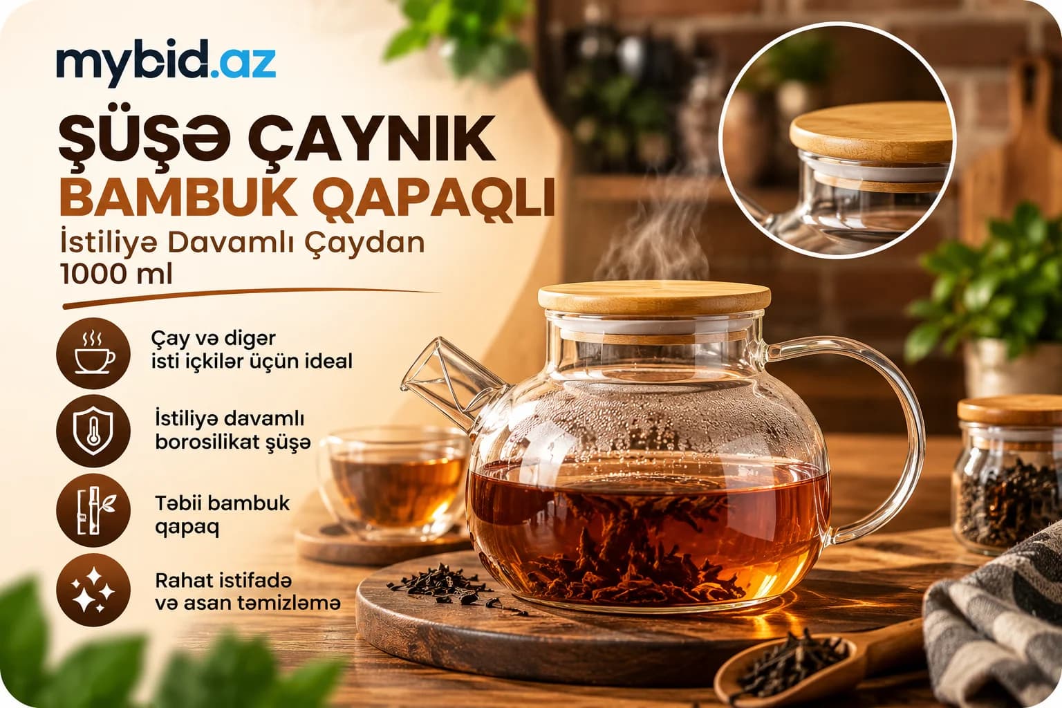 Şüşə Çaynik Bambuk Qapaqlı – İstiliyə Davamlı Çaydan 1000 ml