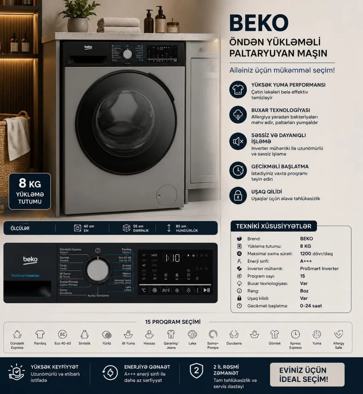 BEKO Paltaryuyan Maşın 8 KG — ProSmart Inverter, A+++, Boz