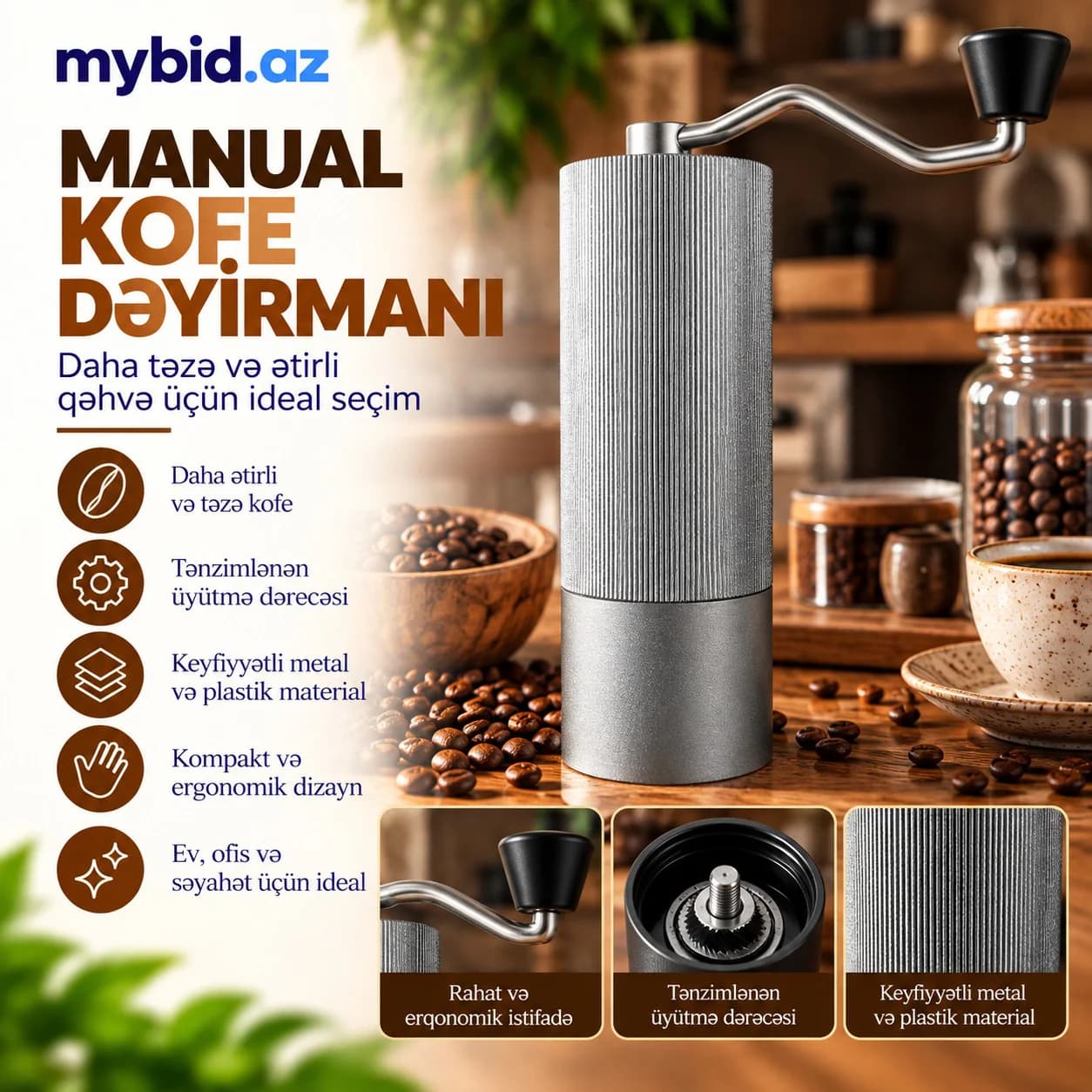 Manual Kofe Dəyirmanı – Tənzimlənən Üyütmə Dərəcəsi