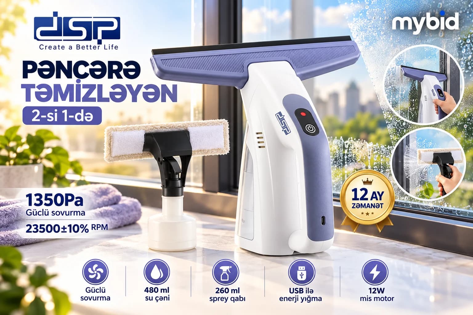 DSP Pəncərə Təmizləyən Cihaz – 2-si 1-də, 1350 Pa