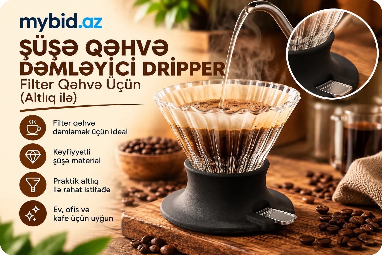 Şüşə Qəhvə Dəmləyici Dripper – Filtr Qəhvə Üçün (Altlıq ilə)