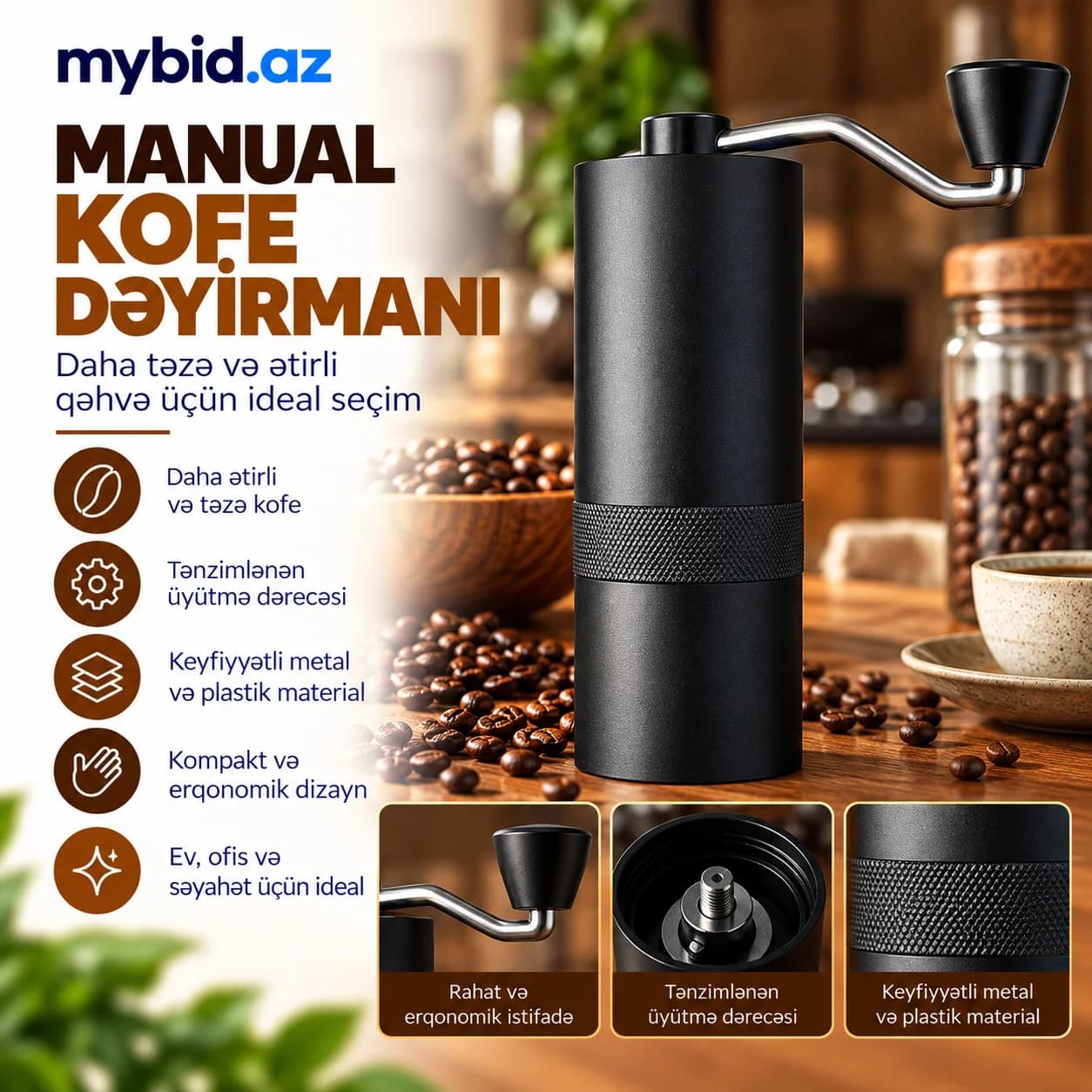 Manual Kofe Dəyirmanı – Tənzimlənən Üyütmə Dərəcəsi