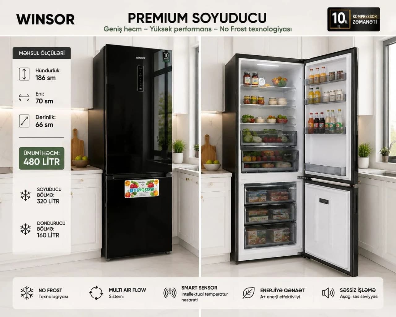 WINSOR Premium Soyuducu 480 Litr — No Frost, Qara
