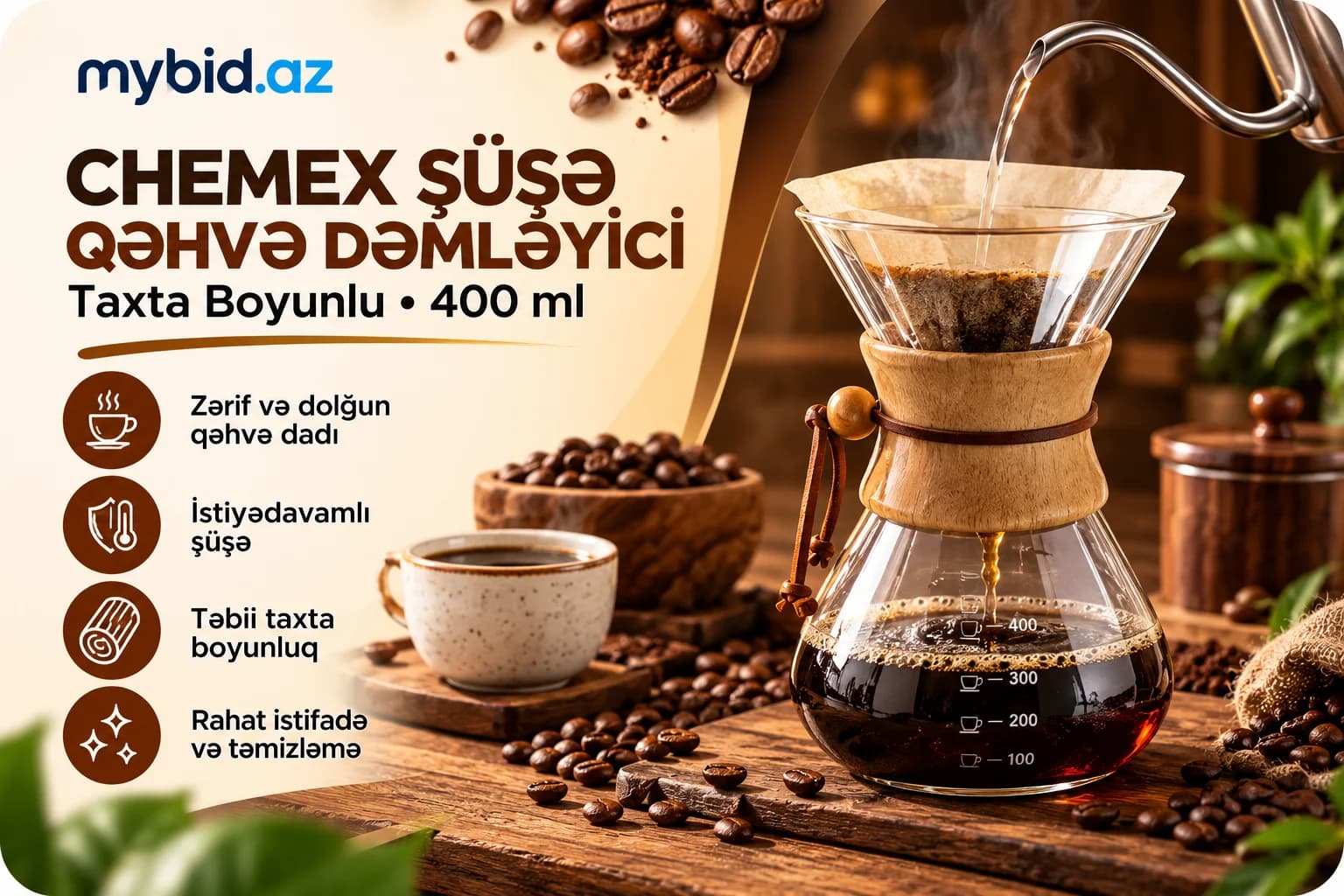Chemex Stil Şüşə Qəhvə Dəmləyici – Taxta Boyunlu (400 ml)