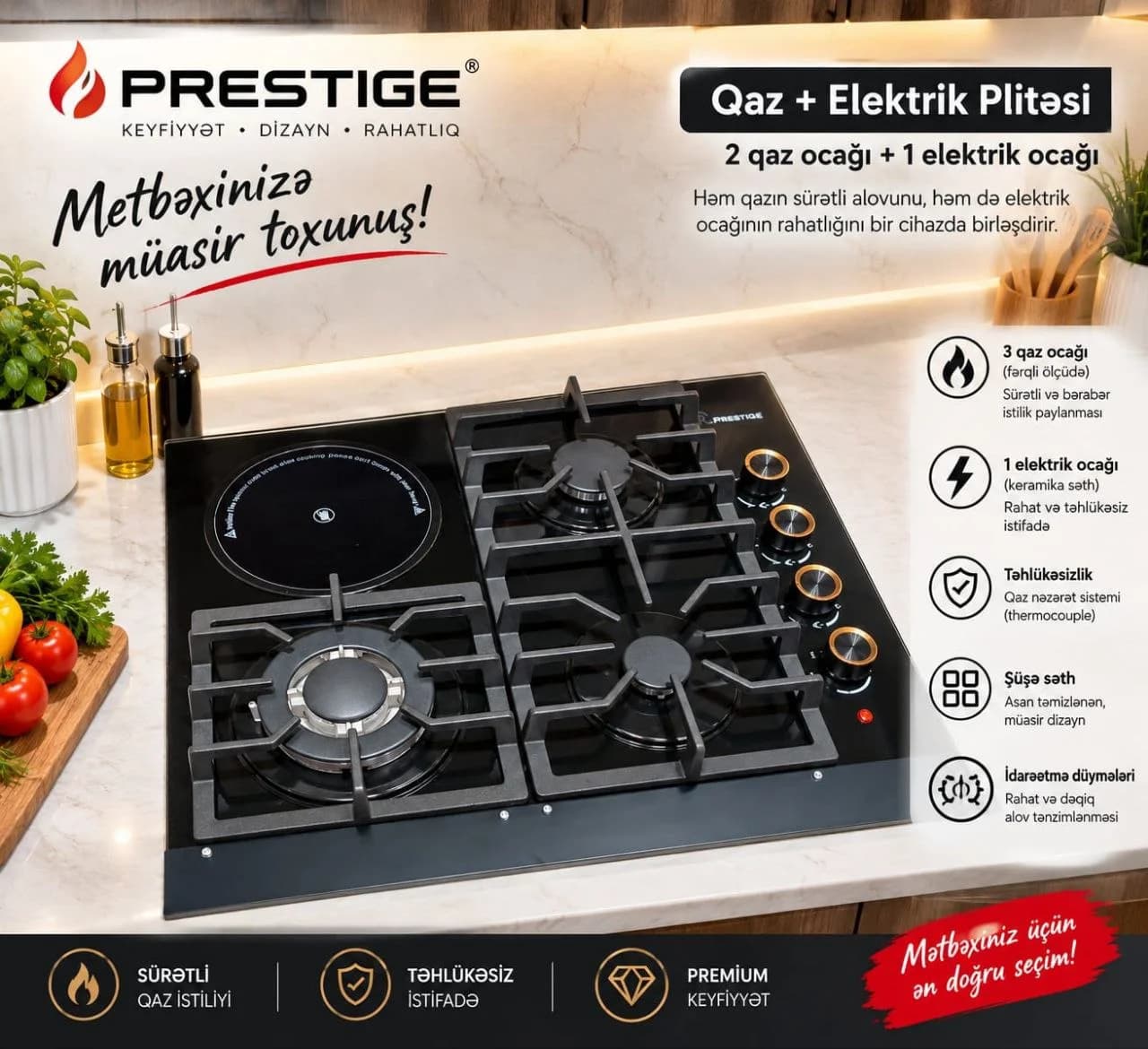 PRESTIGE 4 Gözlü Qaz və Elektrik Bişirmə Paneli