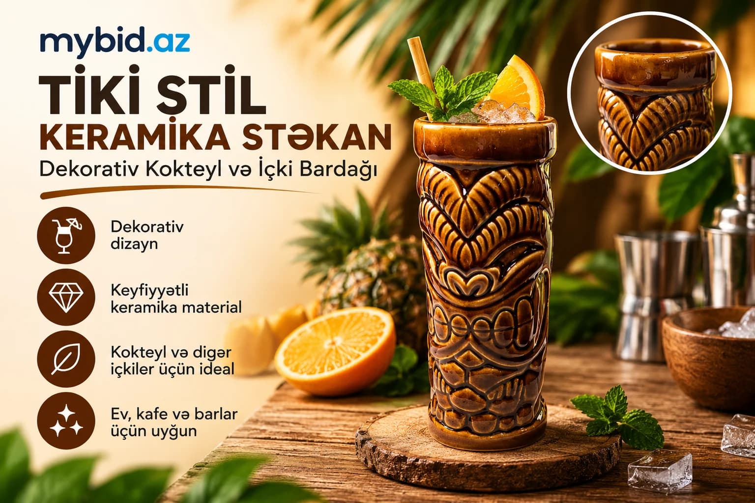 Tiki Stil Keramika Stəkan – Dekorativ Kokteyl və İçki Bardağı