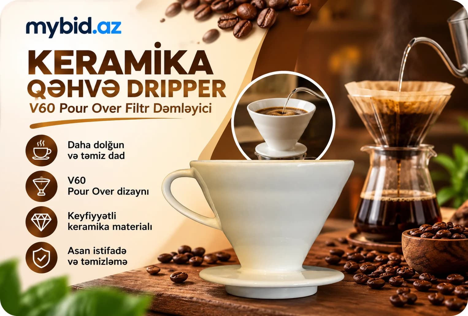Keramika Qəhvə Dripper – V60 Pour Over Filtr Dəmləyici