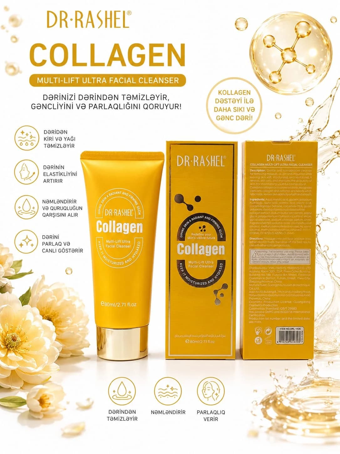 Gel-köpük üz təmizlənməsi üçün Dr.Rashel Collagen 80 ml — şəkil 2