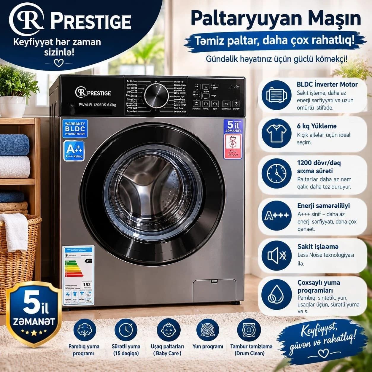 PRESTIGE PWM-FL1206DS Paltaryuyan Maşın, 6 kq, 1200 dövr/dəq, İnverter Motor