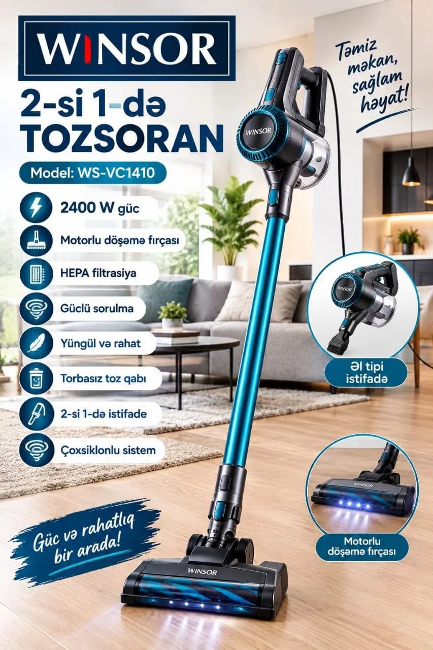 WINSOR WS-VC1410 2400W 2-si 1-də Şaquli Tozsoran