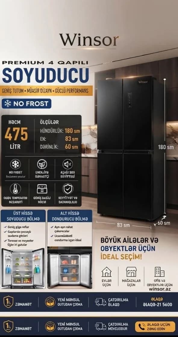 Winsor Premium 4 Qapılı Soyuducu 475 Litr No Frost