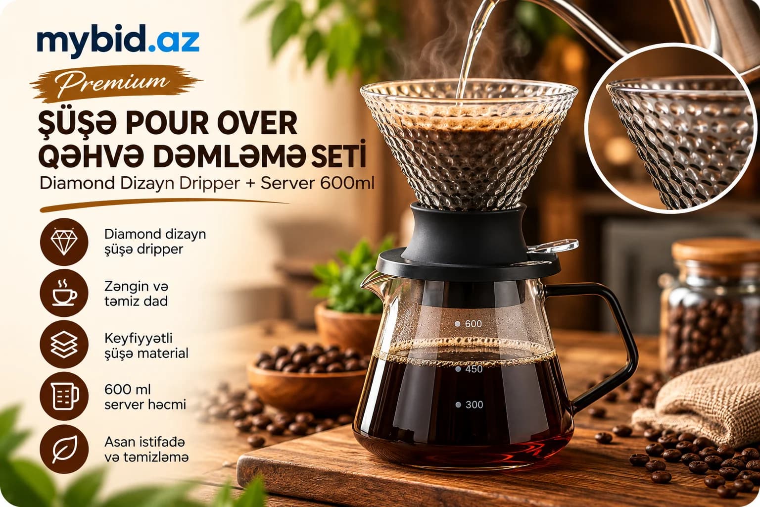 Premium Şüşə Pour Over Qəhvə Dəmləmə Seti – Diamond Dizayn Dripper + Server 600ml