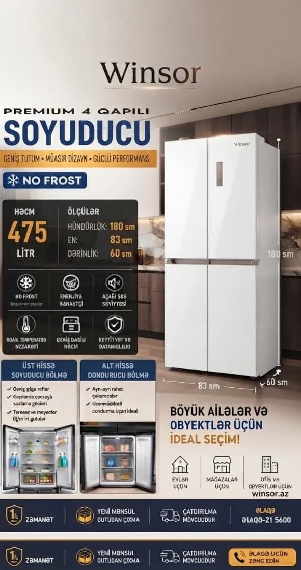 Winsor Premium 4 Qapılı Ağ Soyuducu 475 Litr No Frost