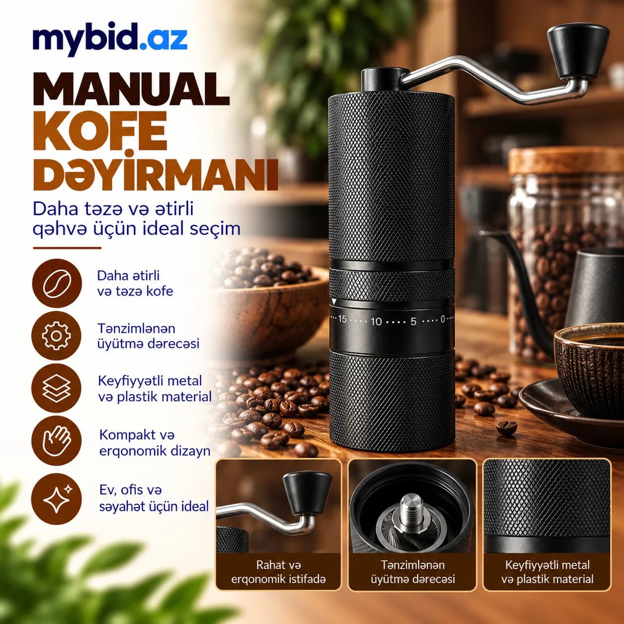 Manual Kofe Dəyirmanı – Tənzimlənən Üyütmə Dərəcəsi, 0–15 Şkala