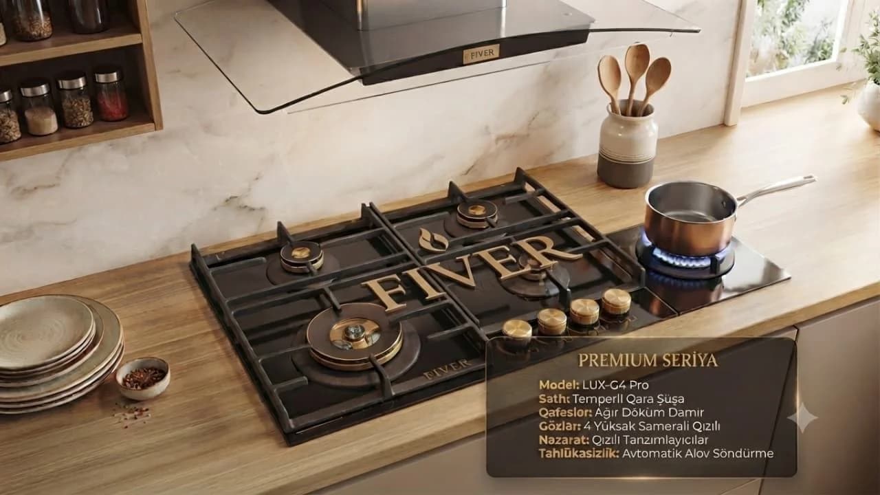 FIVER LUX-C4 Pro Qaz Plitəsi, 4 Gözlü, Qara Temperli Şüşə, Qızılı Düymələr