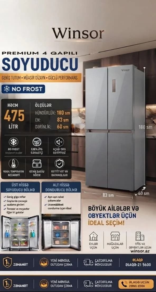 Winsor Premium 4 Qapılı Boz Soyuducu 475 Litr No Frost