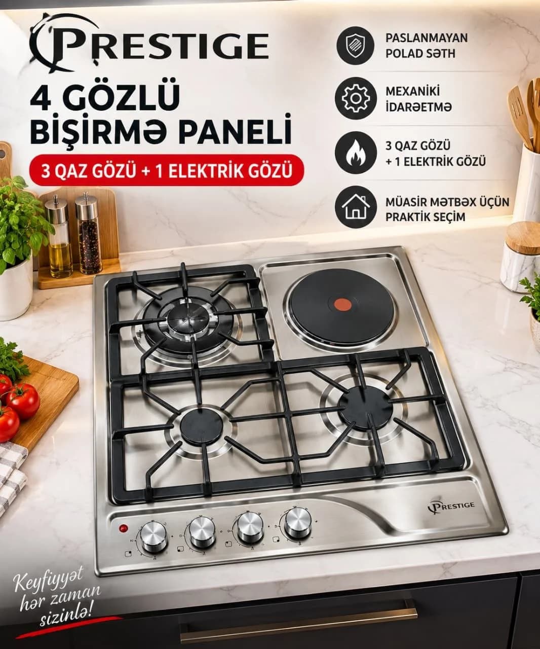 PRESTIGE 4 Gözlü Qaz və Elektrik Bişirmə Paneli