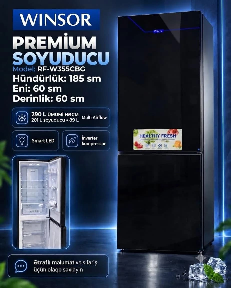 WINSOR RF-W355CBG Premium Soyuducu, 290 L, Qara