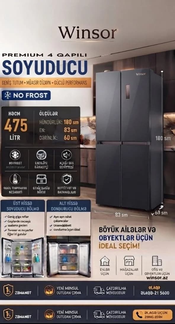 Winsor Premium 4 Qapılı Antrasit Soyuducu 475 Litr No Frost