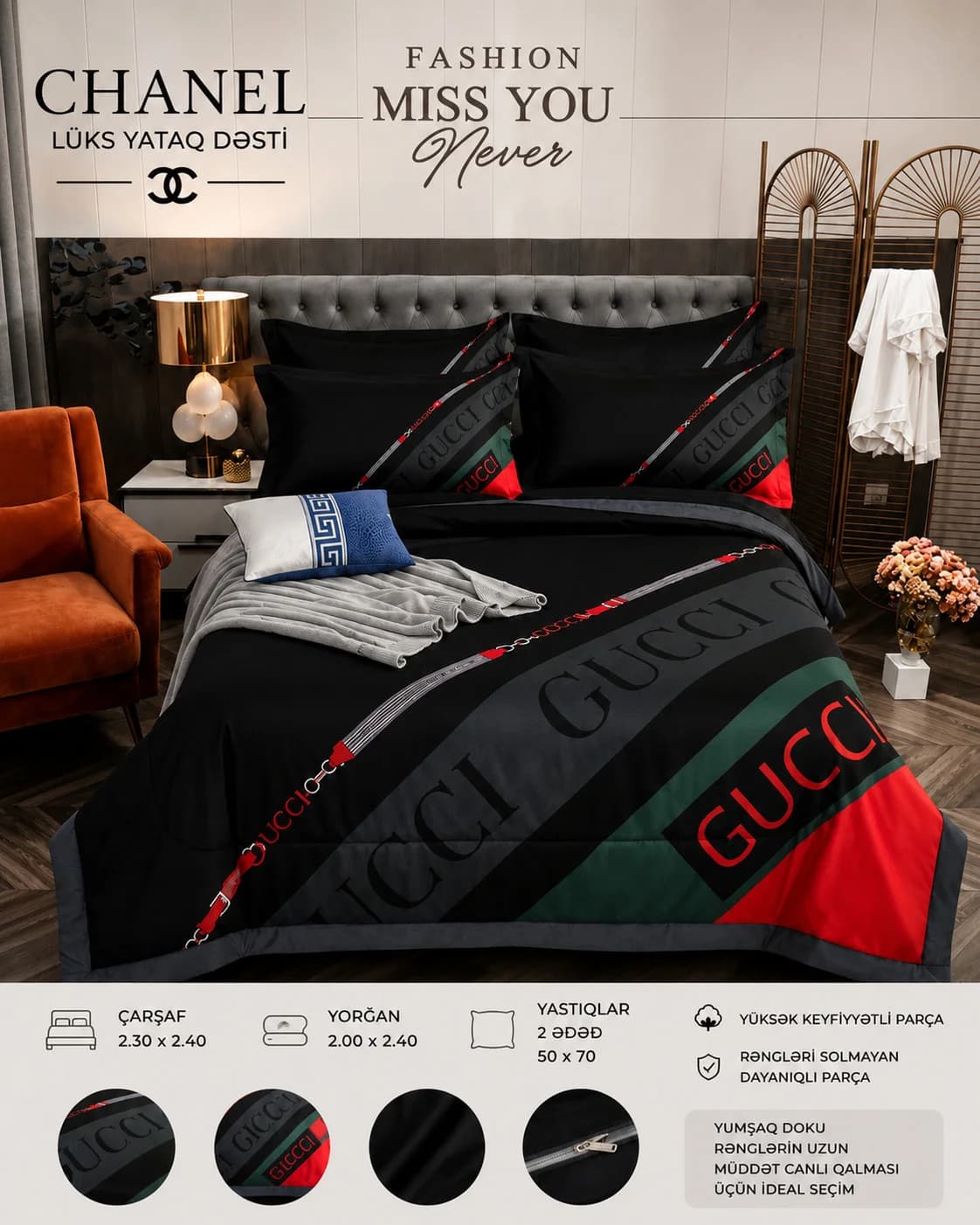 Yataq dəsti 2546414, mələfə 230x240 sm, yorğan üzü 200x240 sm, yastıq üzləri 2 əd 50x70 sm, ikinəfərlik, mikrofibra