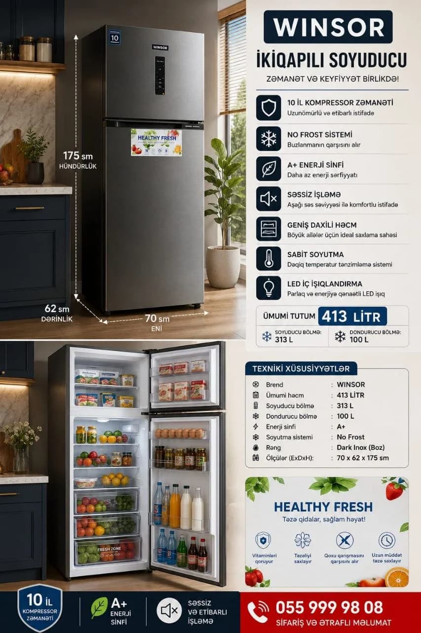 WINSOR İkiqapılı Soyuducu 413 Litr — No Frost, Dark Inox