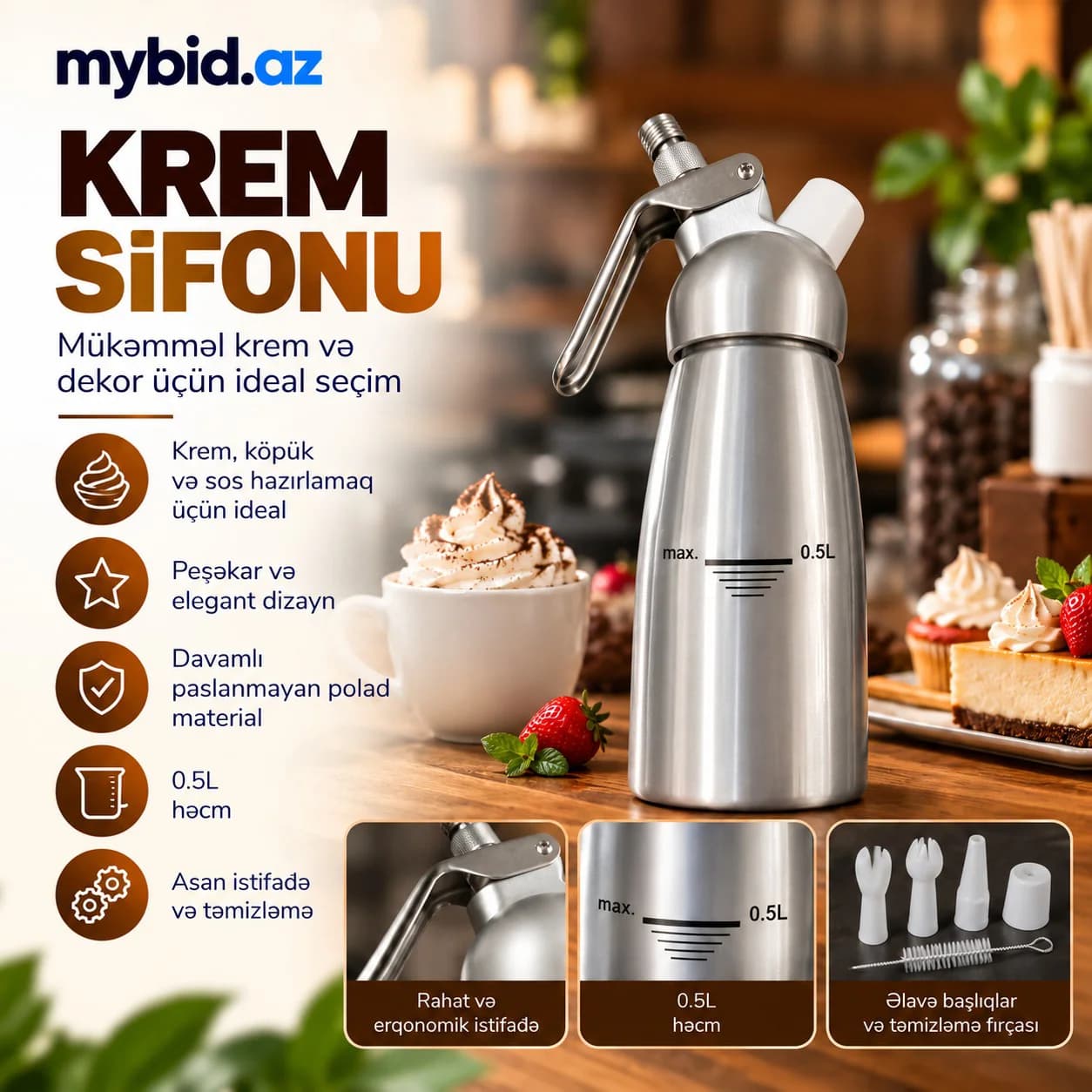 Krem Sifonu 0.5L – Whipped Cream Dispenser, Paslanmayan Polad