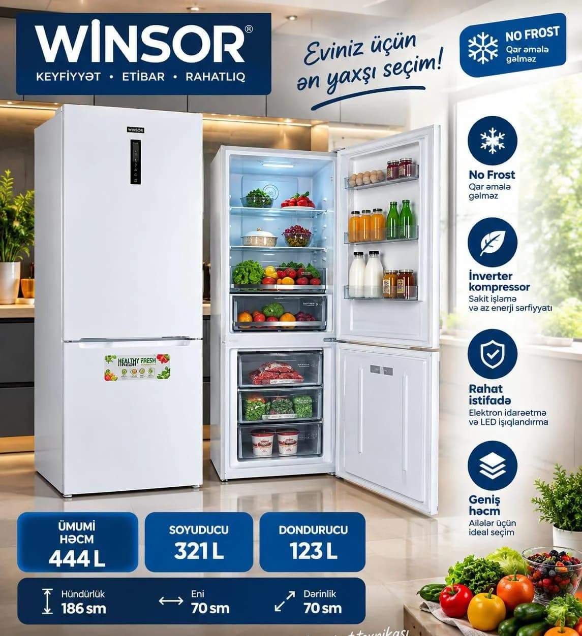 WINSOR No Frost Soyuducu, 444 L, İnverter, Ağ