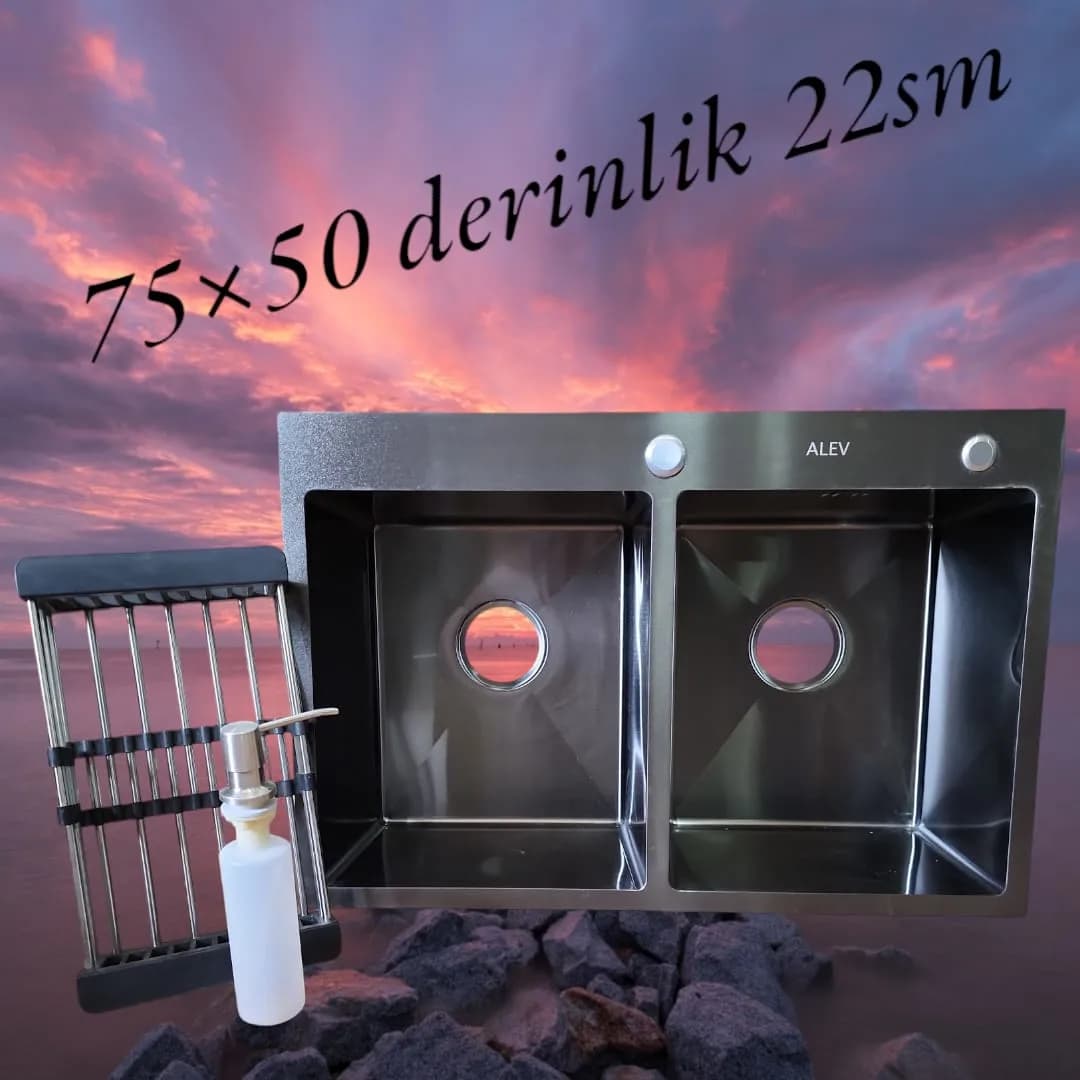75x50 sm Qara Mətbəx Lavabosu – 0.9 mm Paslanmayan Polad, 22 sm Dərinlik