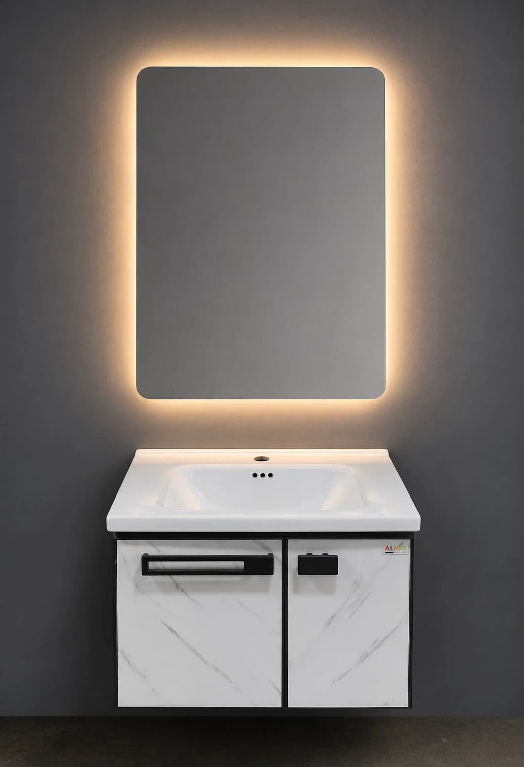 60×50 Hamam Dolabı və Lavabo + 60×80 LED İşıqlı Güzgü (Qara Detallı, Alüminium Korpus)