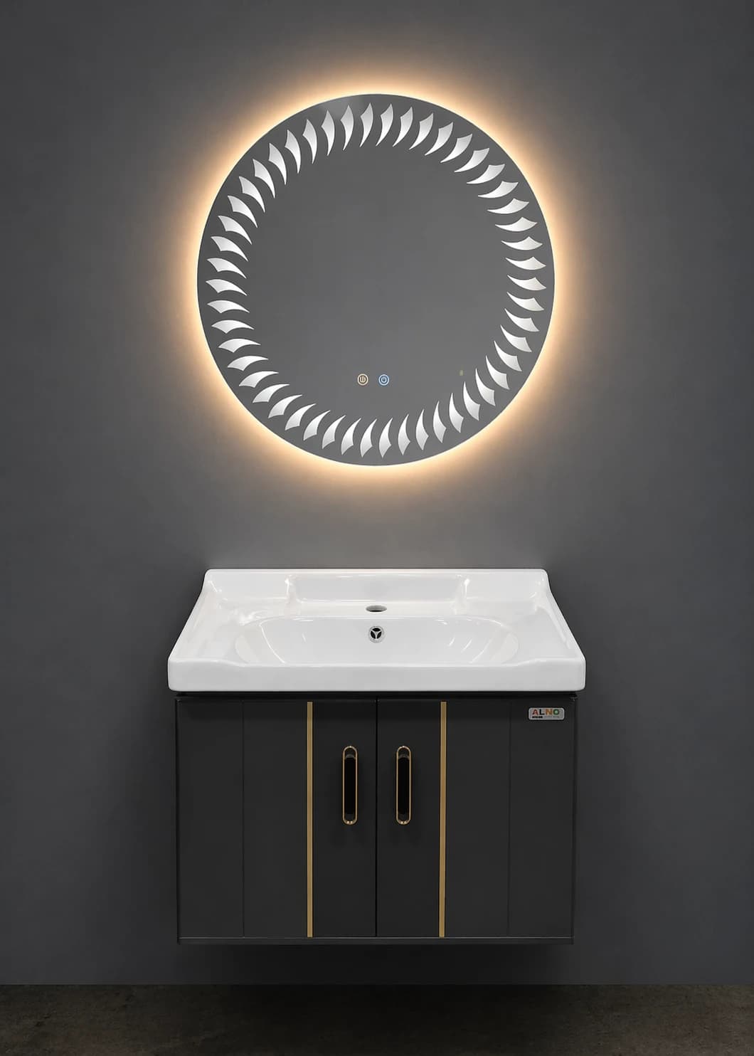 60×50 Hamam Dolabı və Lavabo + 60 sm LED Dairəvi Güzgü (Qızılı Detallı, Alüminium Korpus)