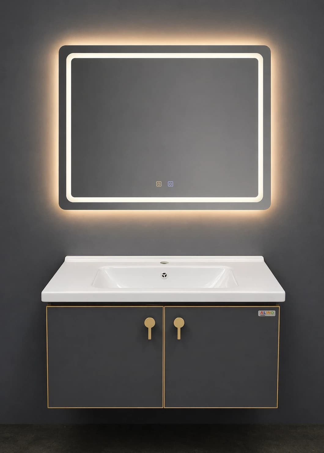 60×80 Hamam Dolabı və Lavabo + 60×80 Sensorlu LED İşıqlı Güzgü (Boz, Alüminium Korpus)